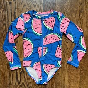 Tea Collection Watermelon Print Long- Sleeve One Piece - Blue and Pink